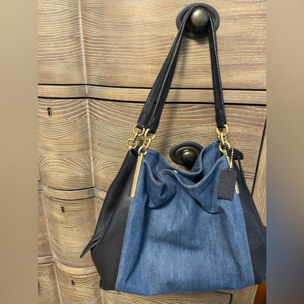 Coach denim and black leather handbag with double leather handles (11” drop)